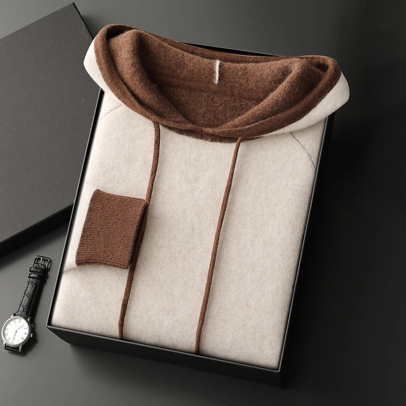 Pure Cashmere Knit Hooded Pullover Sweater for Men | Winter Layering