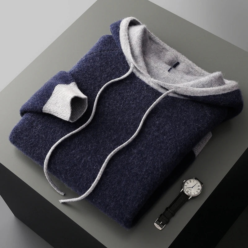 Pure Cashmere Knit Hooded Pullover Sweater for Men | Winter Layering
