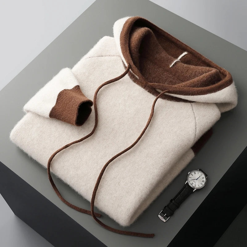 Pure Cashmere Knit Hooded Pullover Sweater for Men | Winter Layering