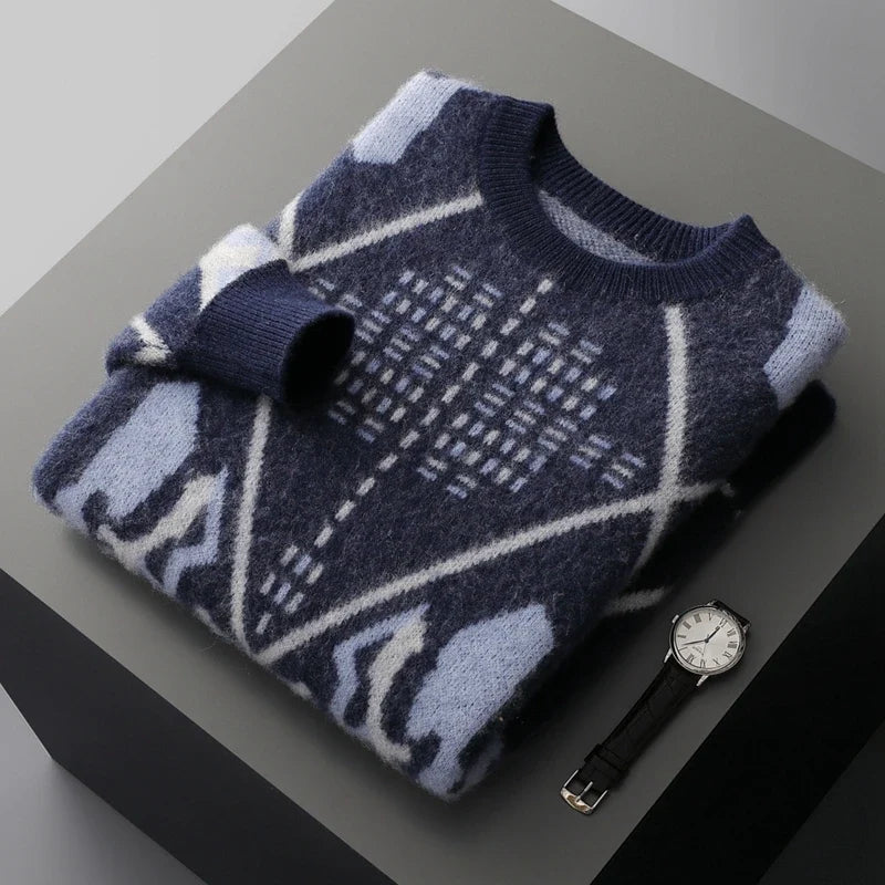 Jacquard Diamond Pattern Cashmere Blend Sweater for Men | Casual Wear
