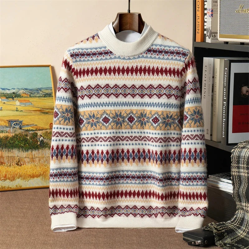 Jacquard Cashmere Blend Half Turtleneck Sweater for Men | Smart Casual Wear