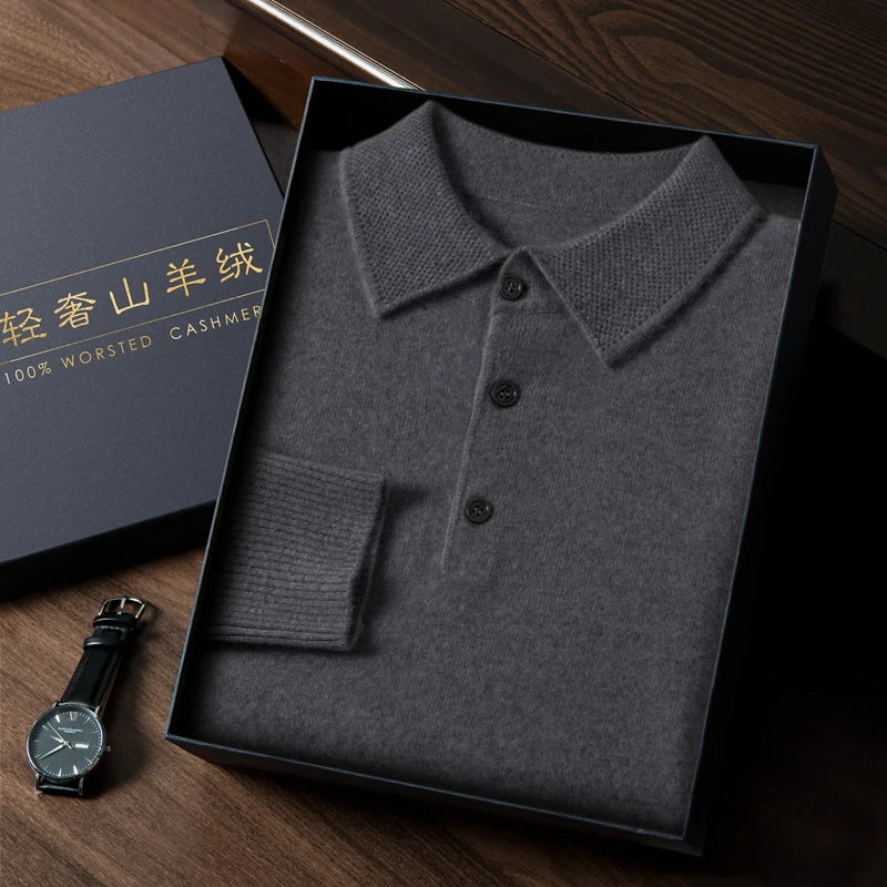 Cashmere Knit Long Sleeve Polo Sweater for Men | Smart Casual Wear