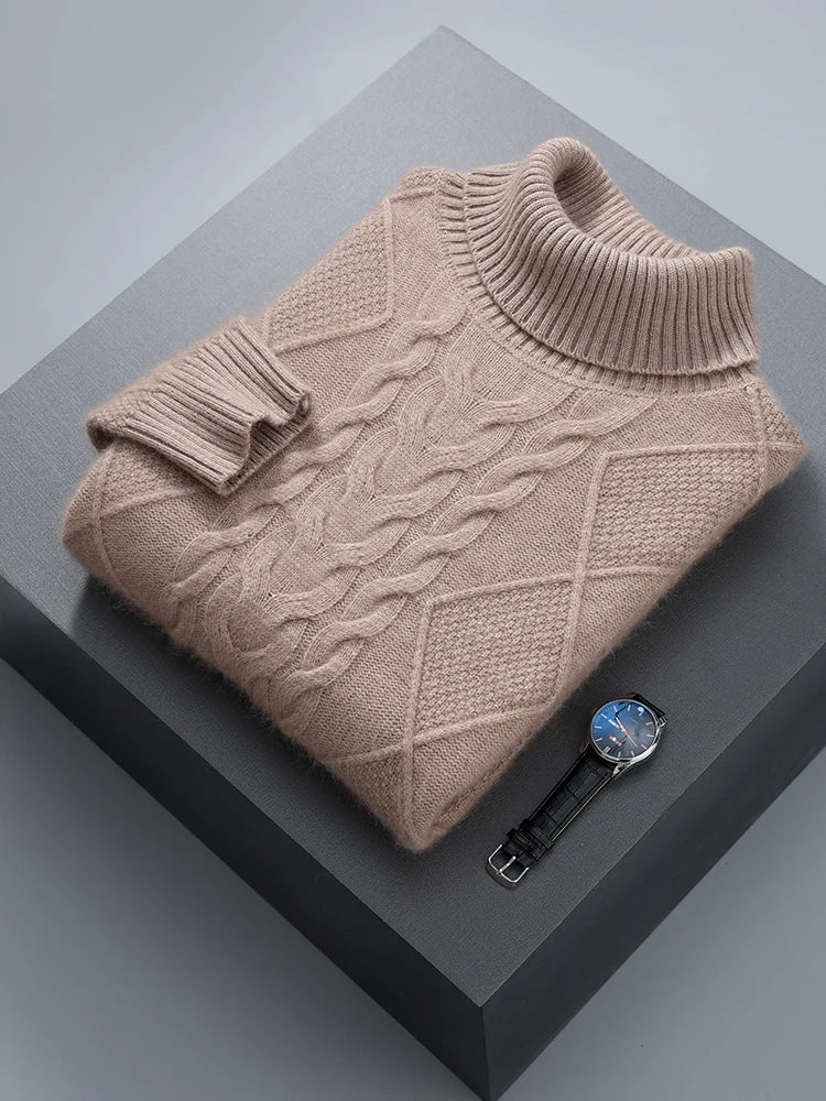 Cable Knit Pure Cashmere Turtleneck Sweater for Men | Autumn and Winter Wear