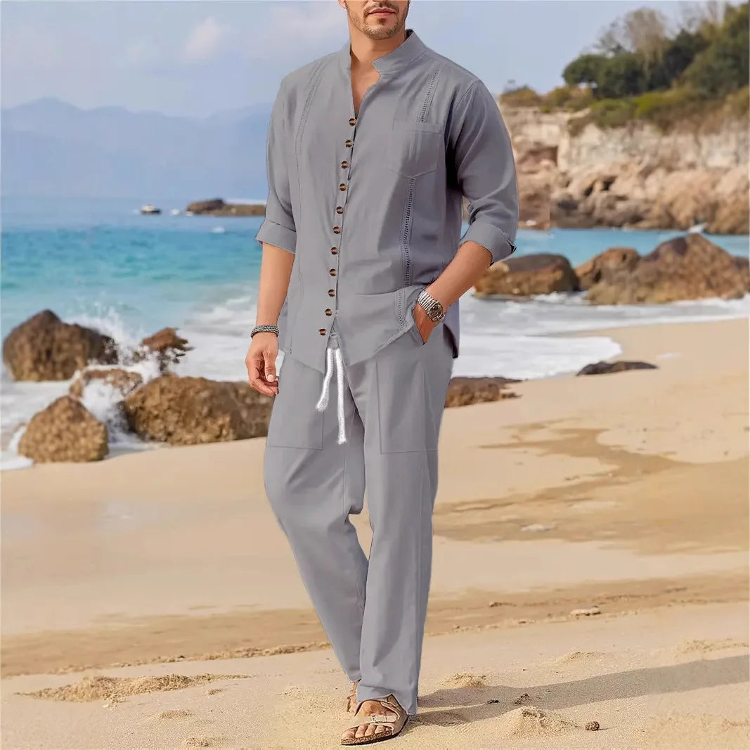 Linen Button Up Shirt and Drawstring Trouser Set for Men | Beach and Summer Wear