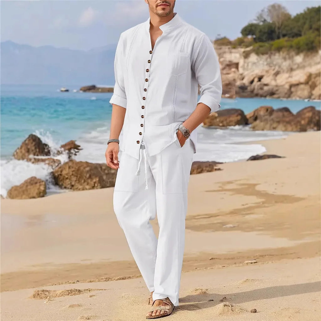 Linen Button Up Shirt and Drawstring Trouser Set for Men | Beach and Summer Wear