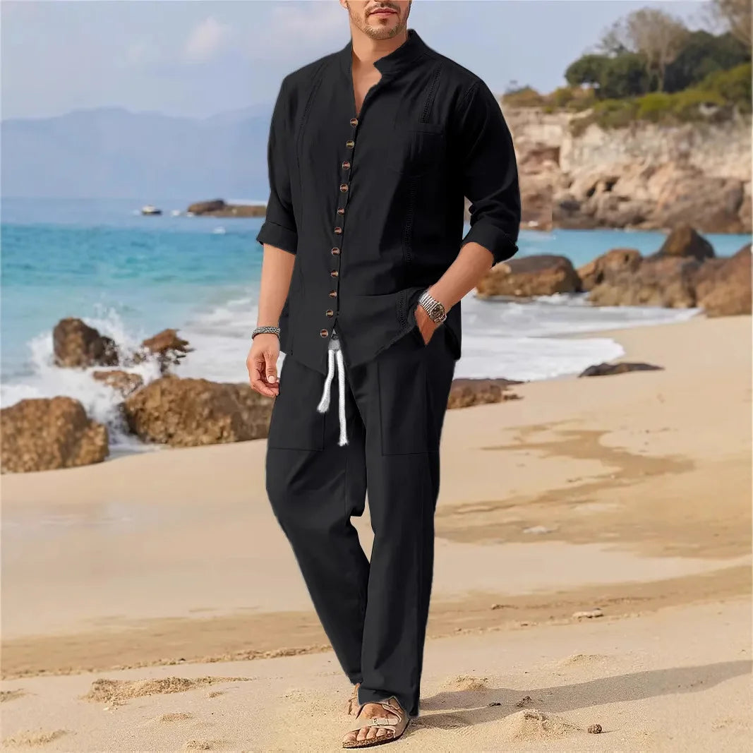 Linen Button Up Shirt and Drawstring Trouser Set for Men | Beach and Summer Wear