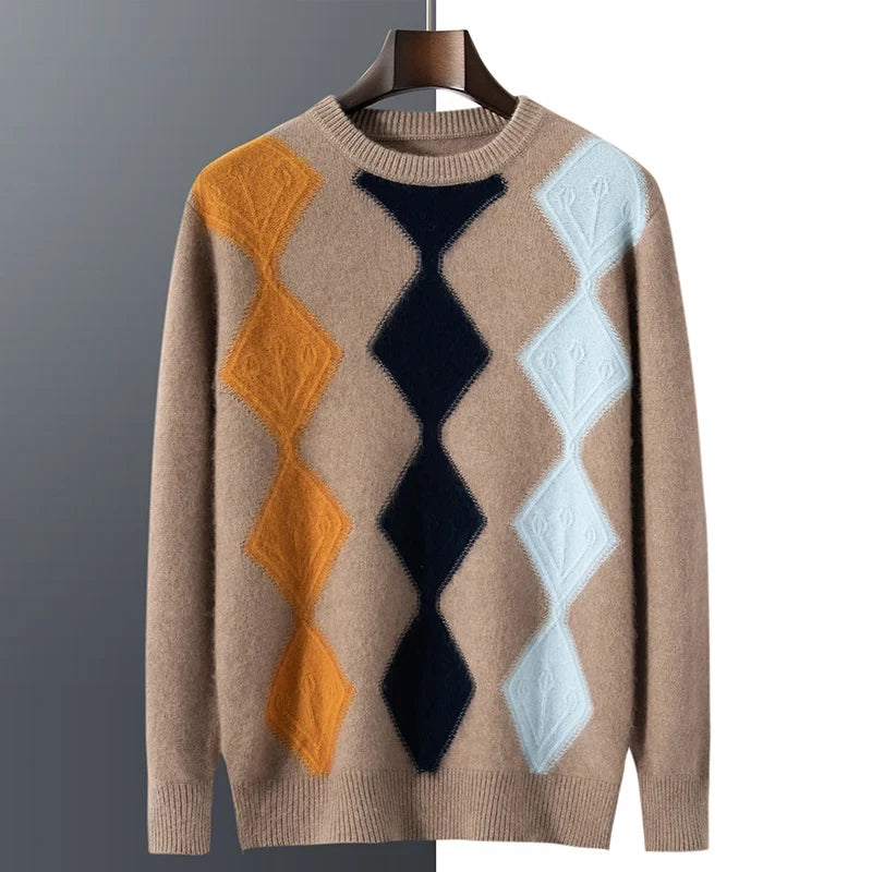 Colour Block Argyle Merino Wool Sweater for Men | Smart Casual Wear