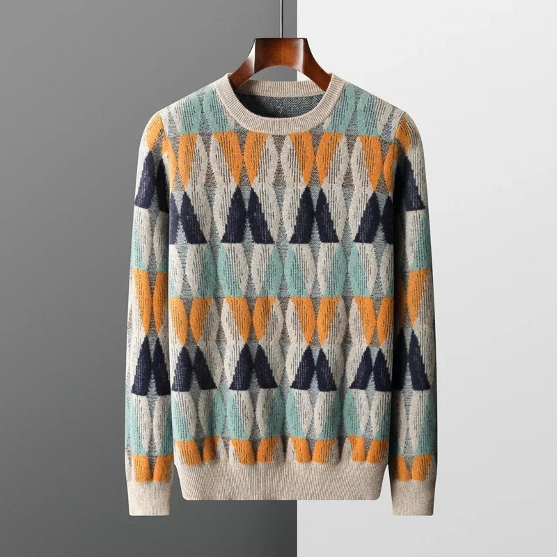 Geometric Pattern Merino Wool Crewneck Sweater for Men | Casual and Office Wear