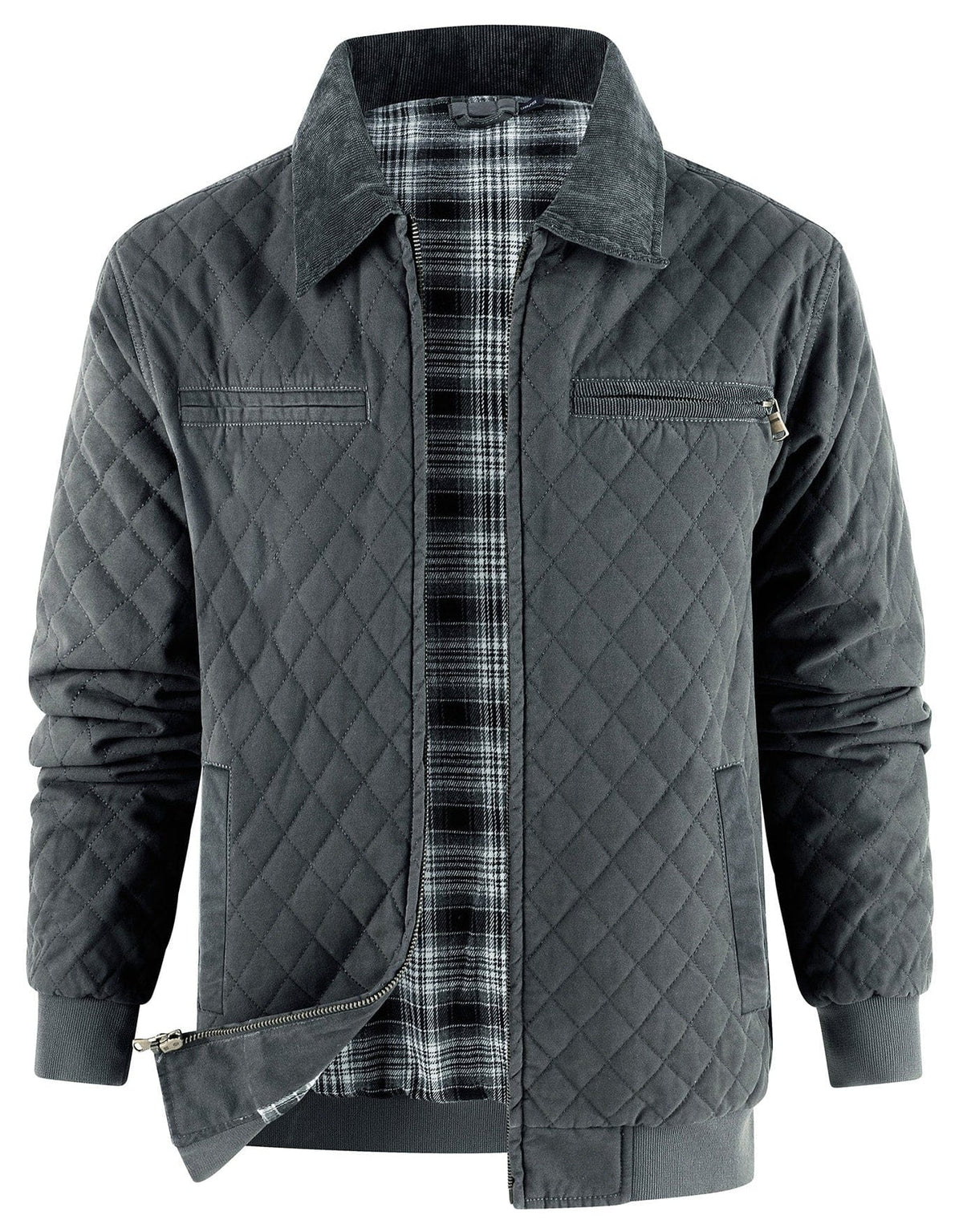 Diamond Quilted Corduroy Collar Zip Bomber Jacket for Men | Layering