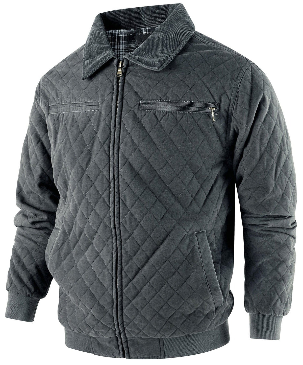Diamond Quilted Corduroy Collar Zip Bomber Jacket for Men | Layering