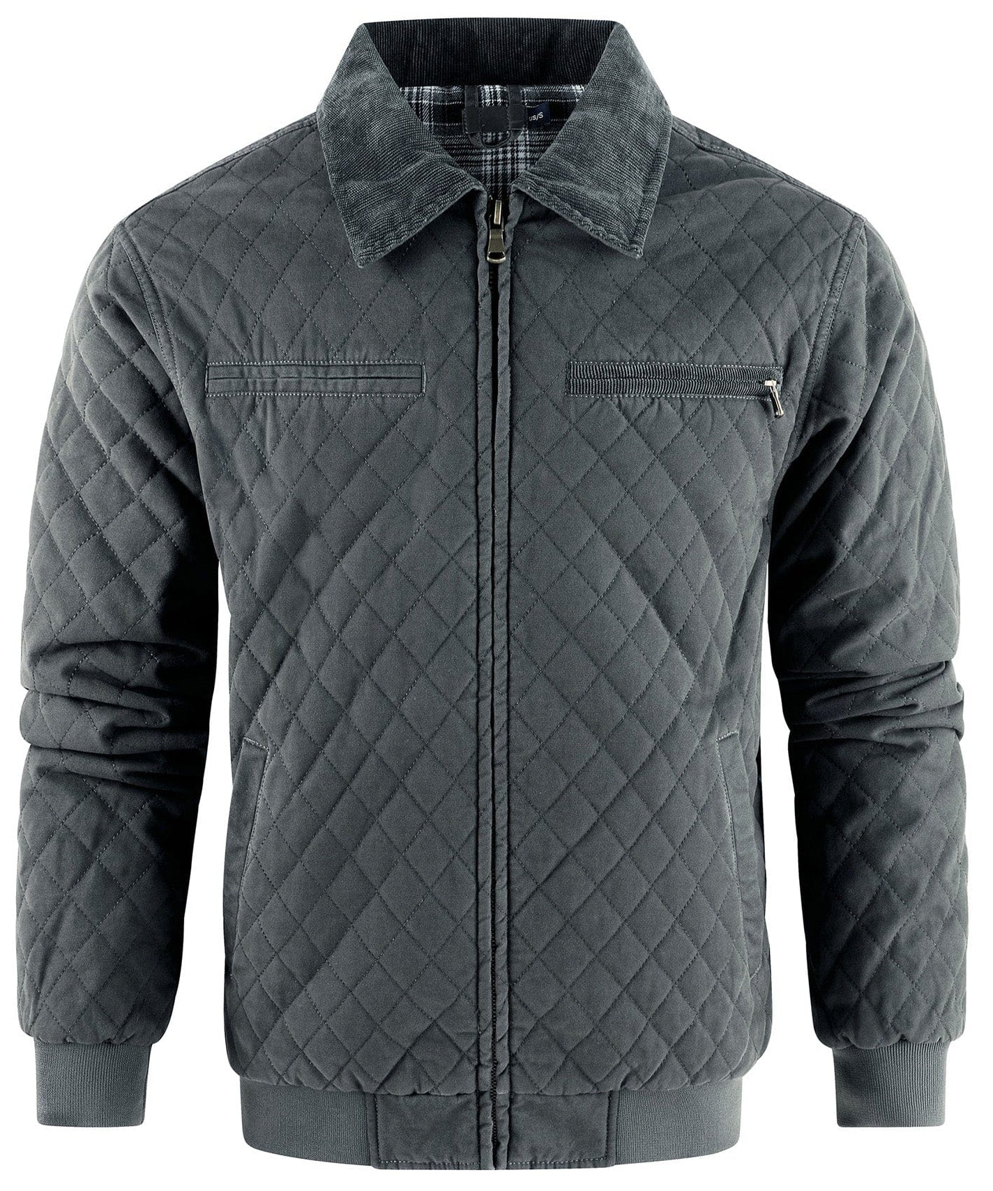 Diamond Quilted Corduroy Collar Zip Bomber Jacket for Men | Layering