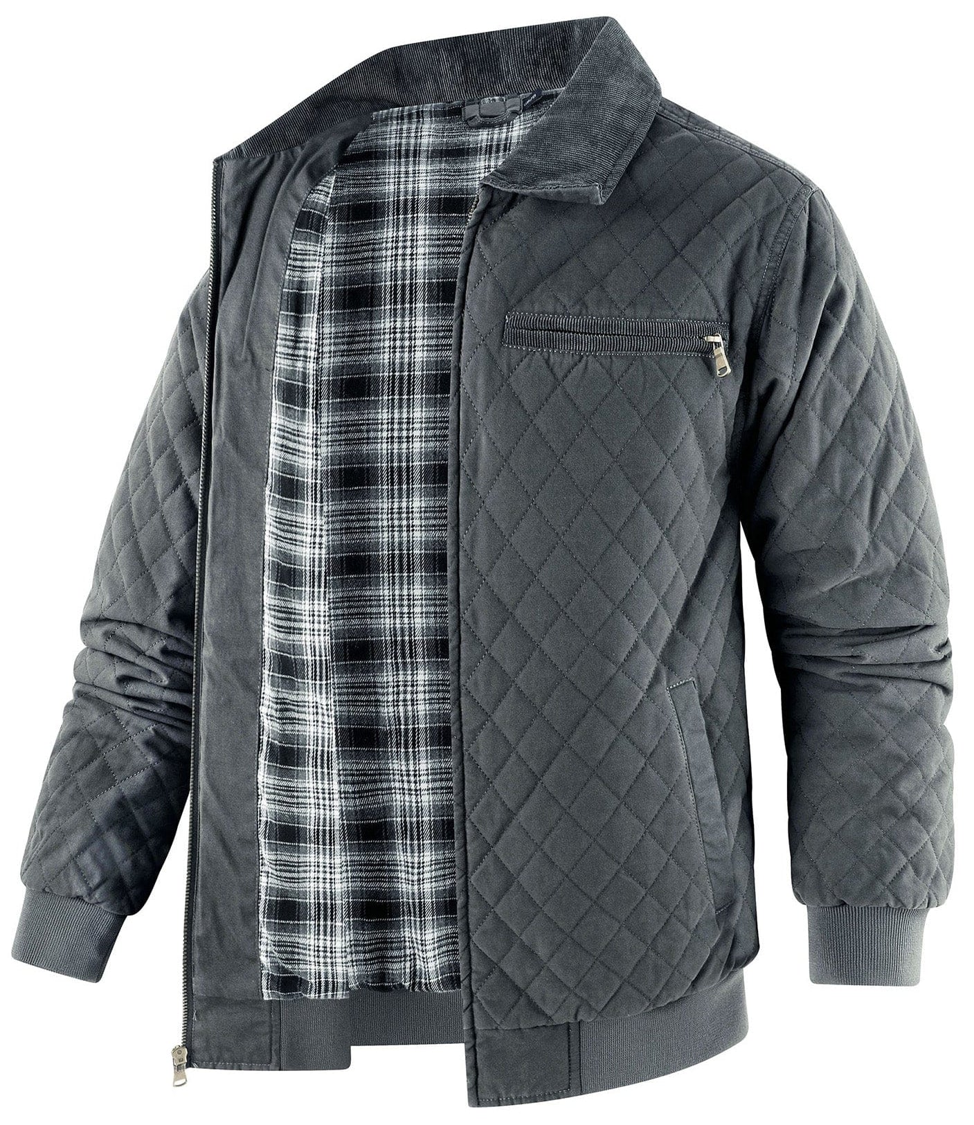 Diamond Quilted Corduroy Collar Zip Bomber Jacket for Men | Layering