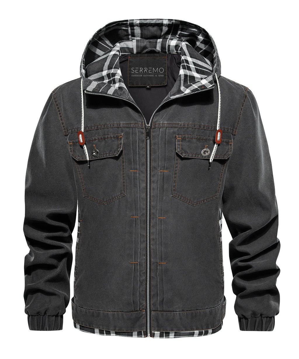 Distressed Canvas Jacket with Plaid Lined Hood for Men | Casual Wear