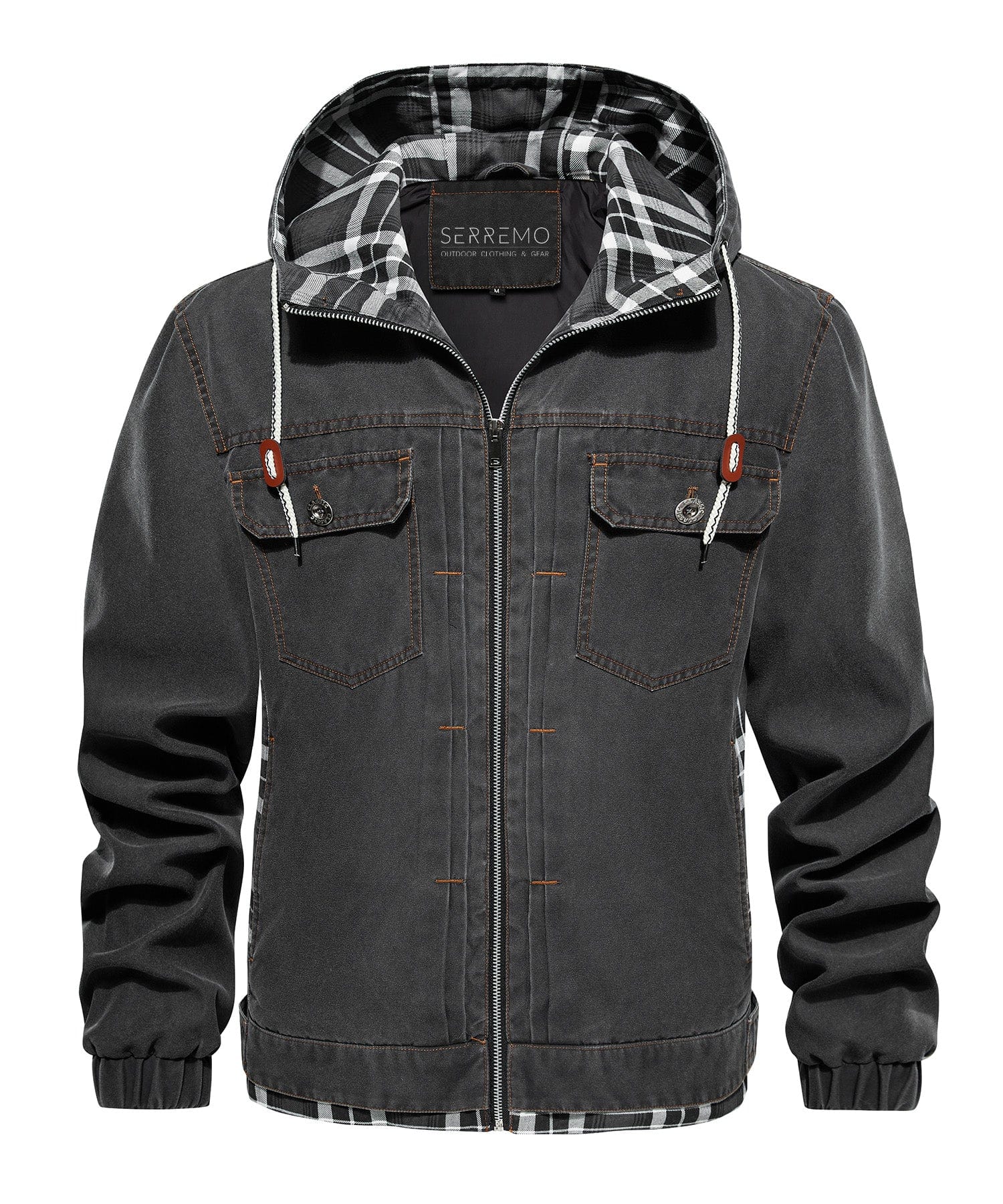 Distressed Canvas Jacket with Plaid Lined Hood for Men | Casual Wear