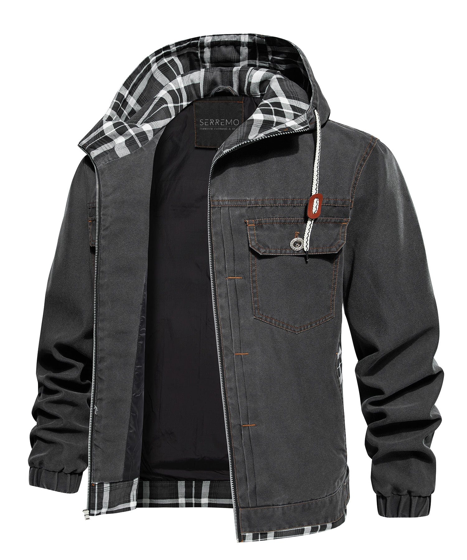 Distressed Canvas Jacket with Plaid Lined Hood for Men | Casual Wear