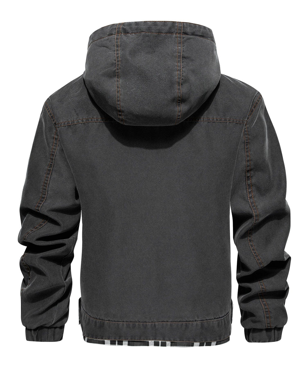 Distressed Canvas Jacket with Plaid Lined Hood for Men | Casual Wear