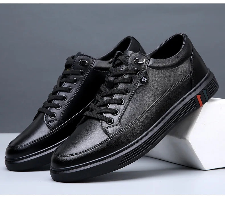 Genuine Leather Low Profile Lace Up Sneakers for Men | Spring and Autumn Wear
