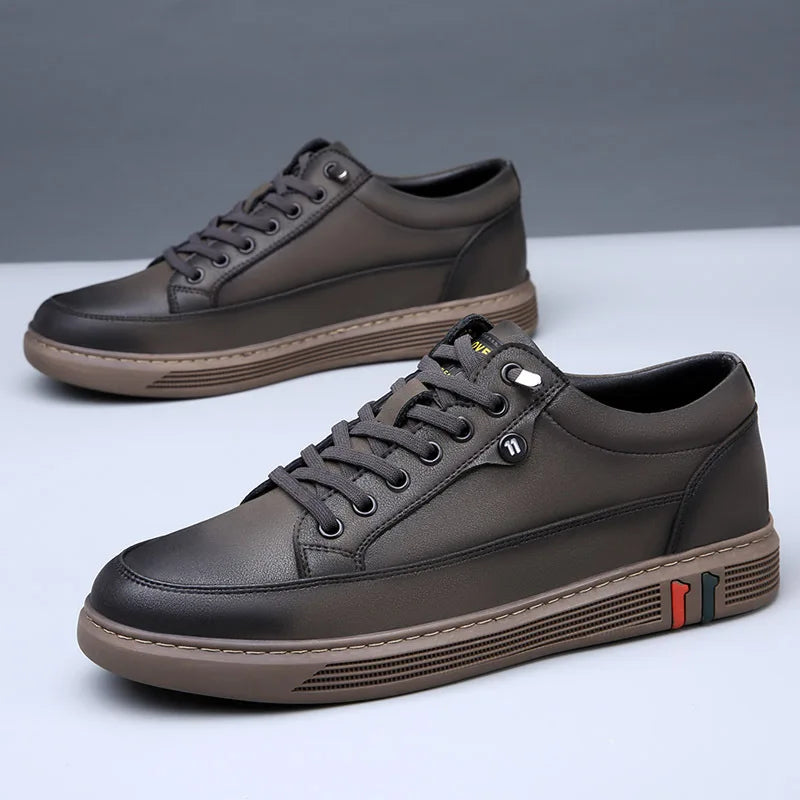 Genuine Leather Low Profile Lace Up Sneakers for Men | Spring and Autumn Wear