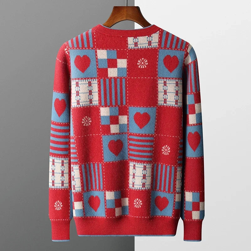 Heart Print Patchwork Cashmere Sweater for Men | Casual Wear