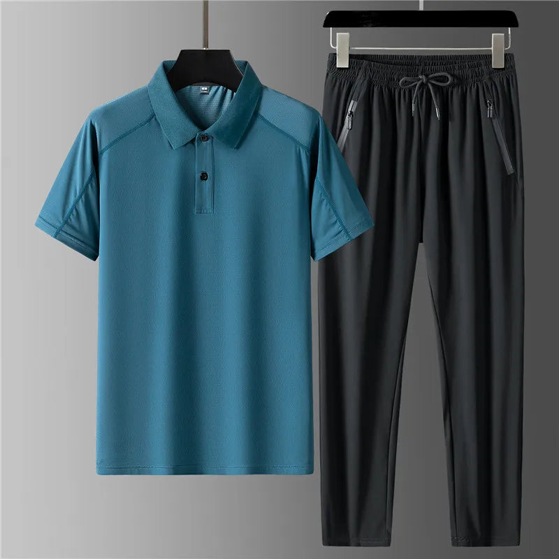Cooling Ice Silk Polo Top and Trouser Set for Men | Summer Wear