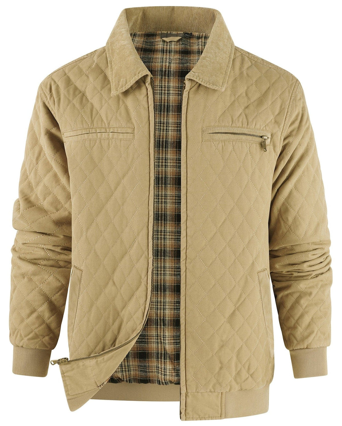 Diamond Quilted Corduroy Collar Zip Bomber Jacket for Men | Layering