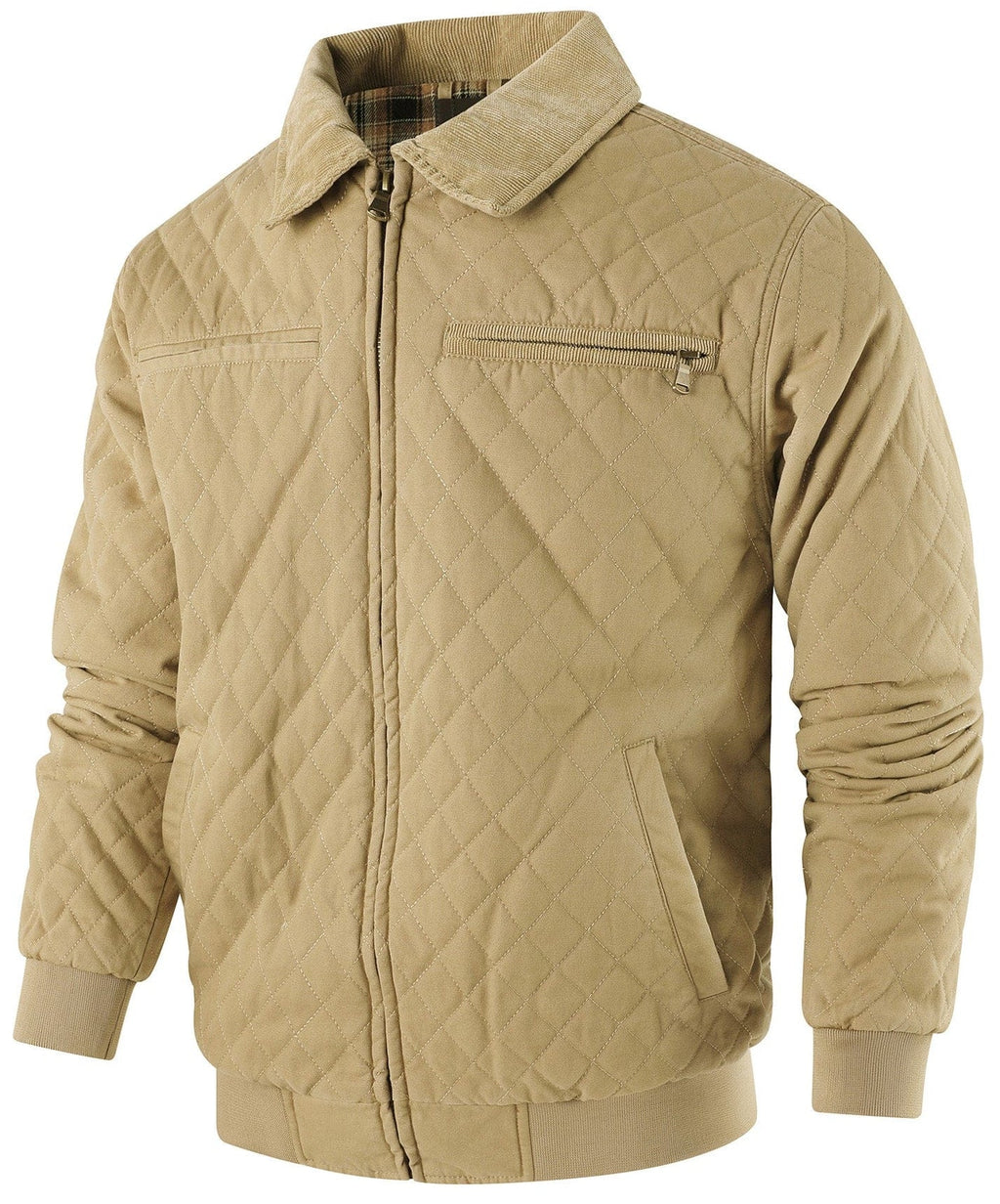Diamond Quilted Corduroy Collar Zip Bomber Jacket for Men | Layering