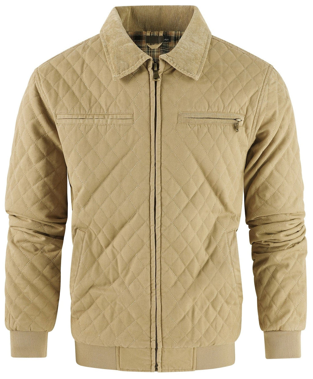 Diamond Quilted Corduroy Collar Zip Bomber Jacket for Men | Layering