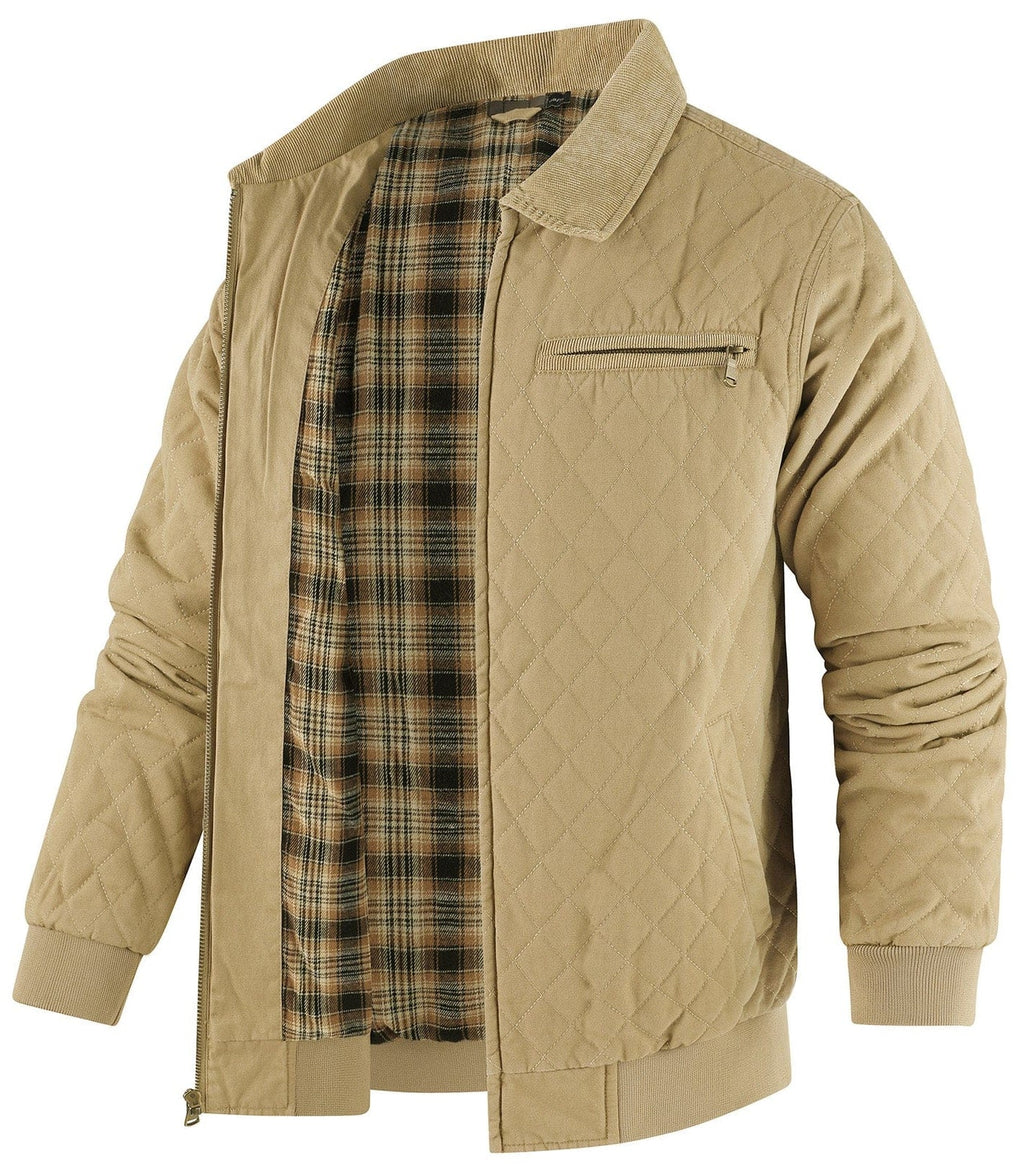 Diamond Quilted Corduroy Collar Zip Bomber Jacket for Men | Layering