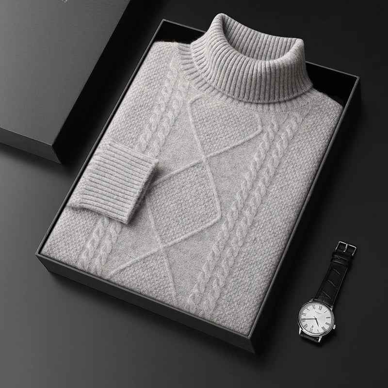 Cable Knit Cashmere Turtleneck Sweater for Men | Winter Layering