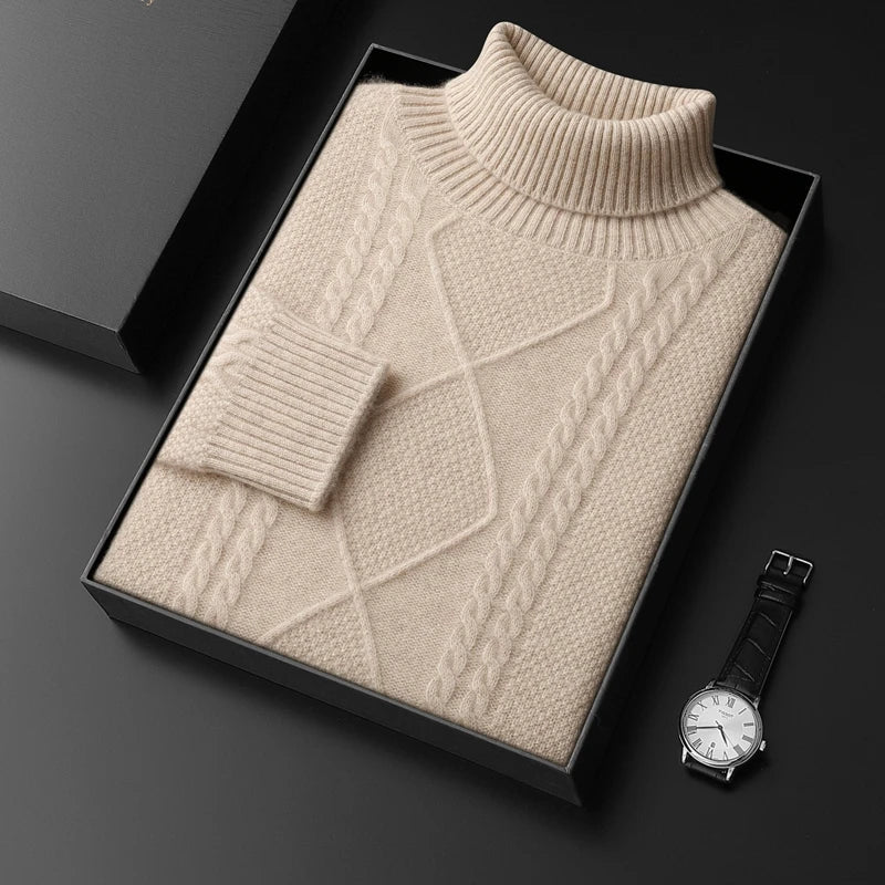 Cable Knit Cashmere Turtleneck Sweater for Men | Winter Layering