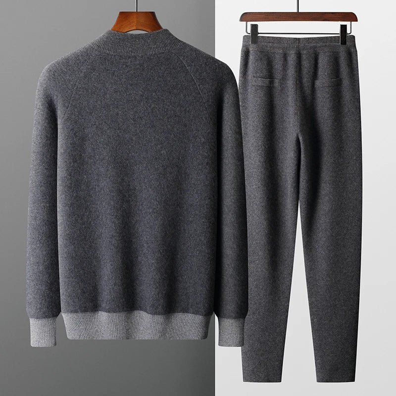 Cashmere Knit Zip Up Cardigan and Trouser Set for Men | Winter Wear