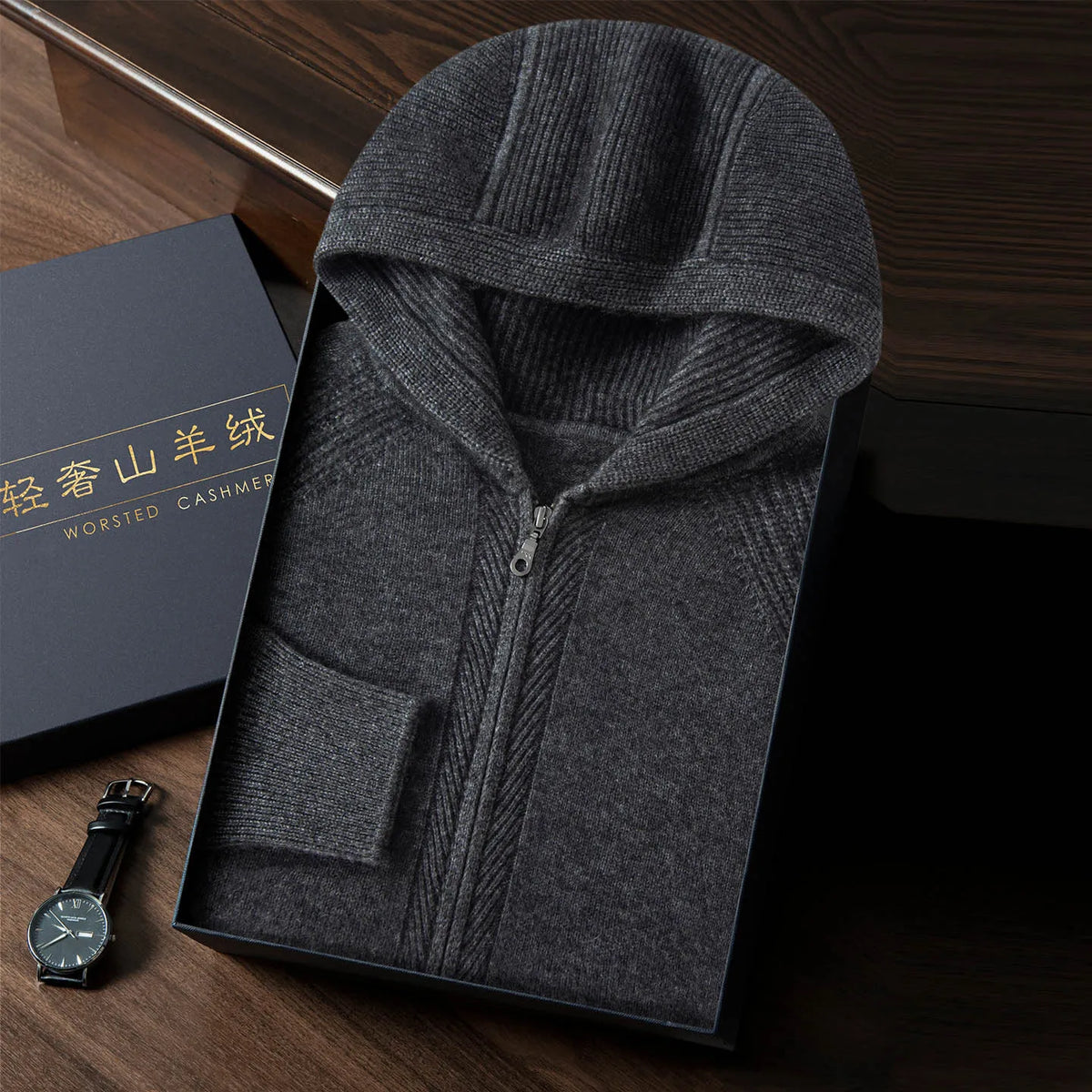 Cashmere Zip Up Hooded Cardigan for Men | Autumn and Winter Layering