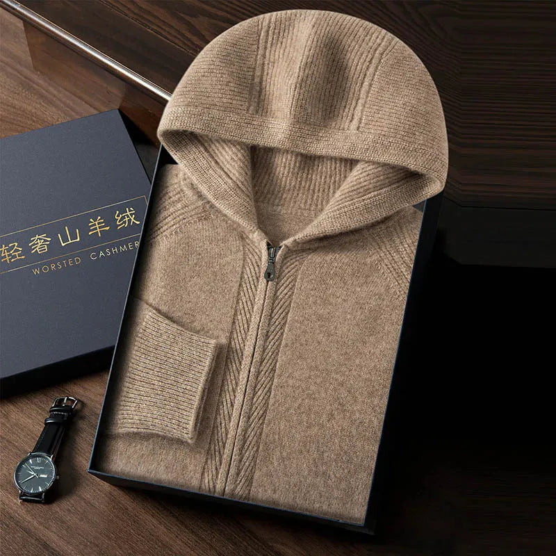 Cashmere Zip Up Hooded Cardigan for Men | Autumn and Winter Layering