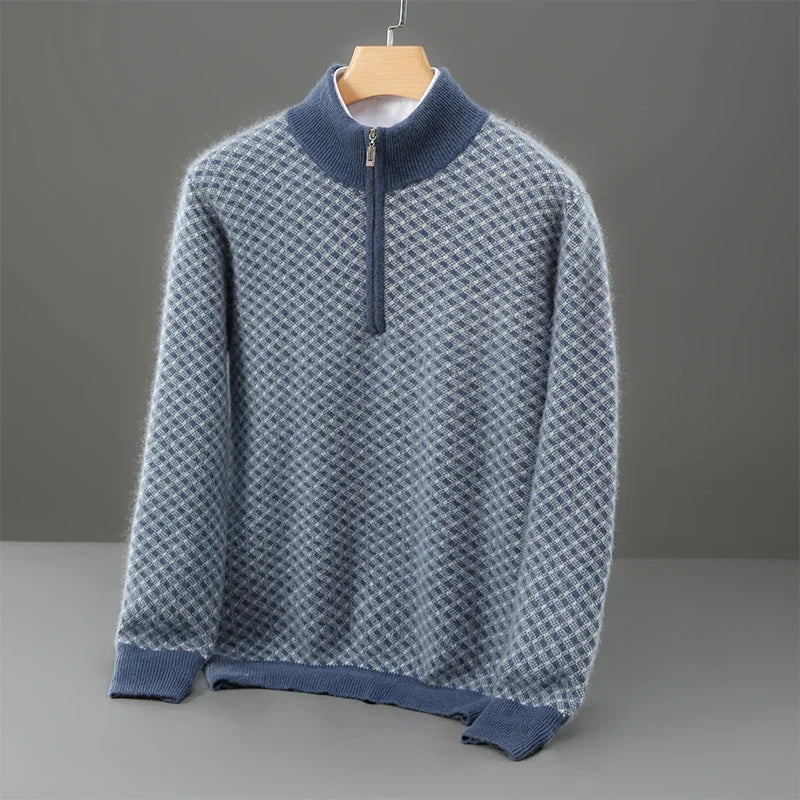 Merino Wool Jacquard Half Zip High Neck Sweater for Men | Autumn and Winter Wear
