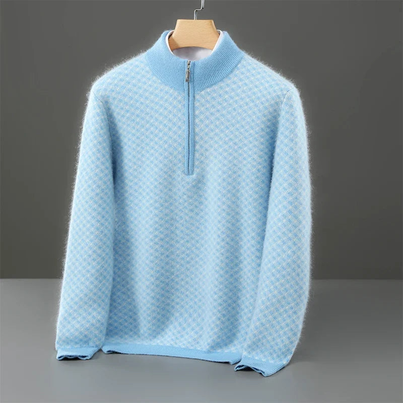 Merino Wool Jacquard Half Zip High Neck Sweater for Men | Autumn and Winter Wear