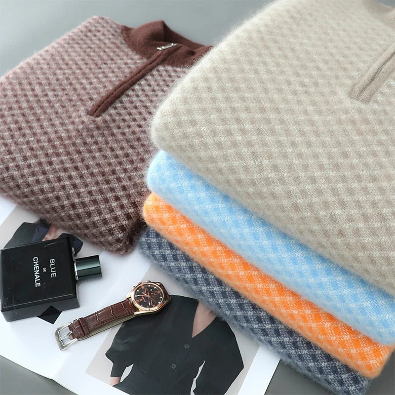 Merino Wool Jacquard Half Zip High Neck Sweater for Men | Autumn and Winter Wear