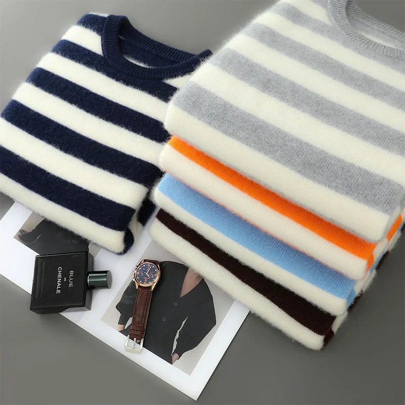 Merino Wool Striped Crewneck Sweater for Men | Autumn and Winter Wear