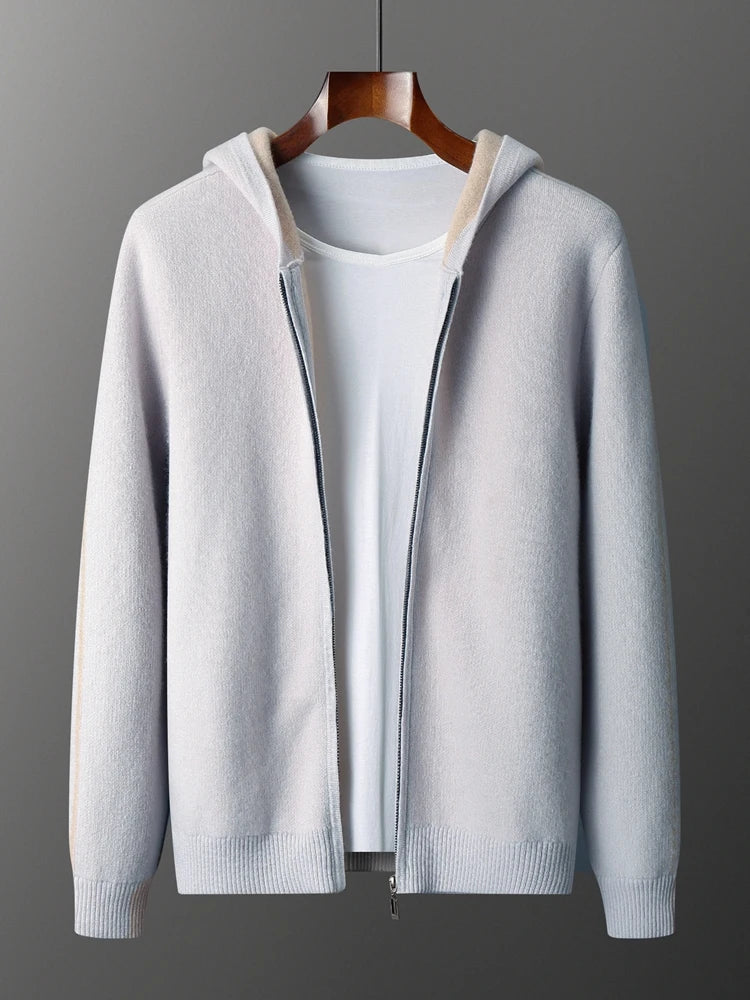 Pure Cashmere Zip Up Hooded Cardigan for Men | Winter Layering