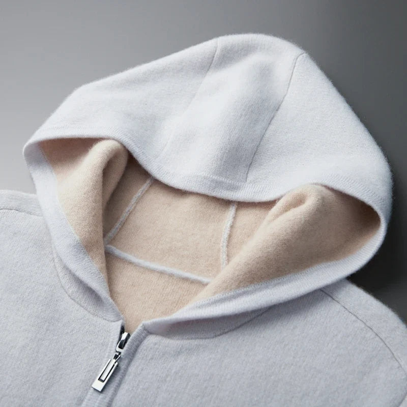Pure Cashmere Zip Up Hooded Cardigan for Men | Winter Layering