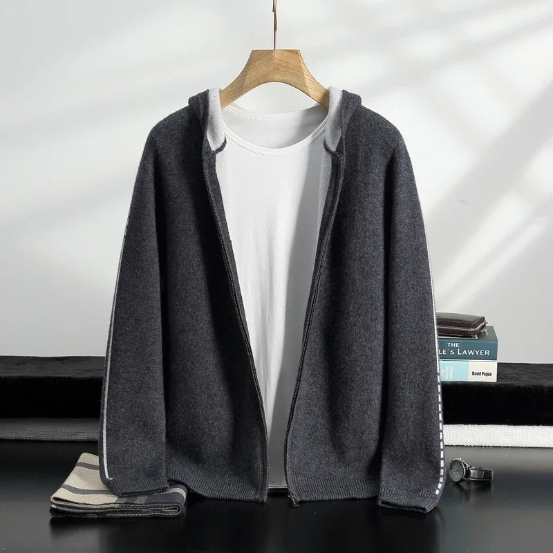 Pure Cashmere Zip Up Hooded Cardigan for Men | Winter Layering