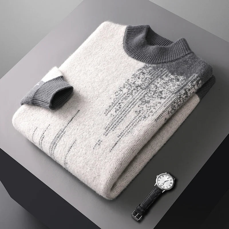 Gradient Jacquard Wool Half High Collar Sweater for Men | Winter Wear