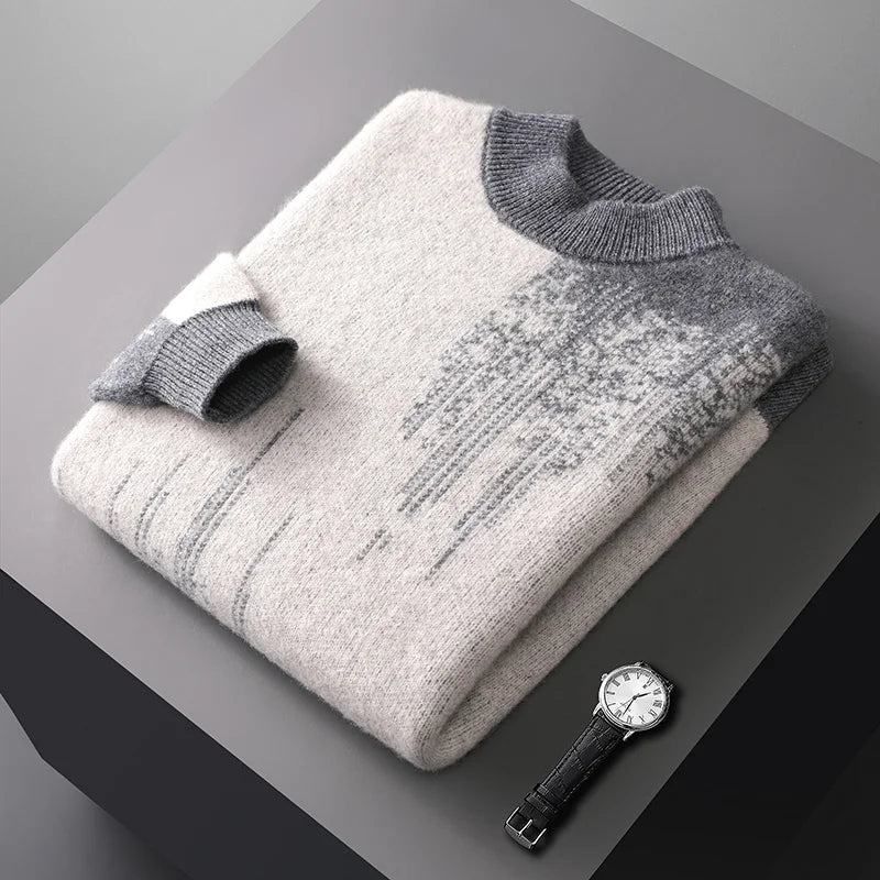 Gradient Jacquard Wool Half High Collar Sweater for Men | Winter Wear