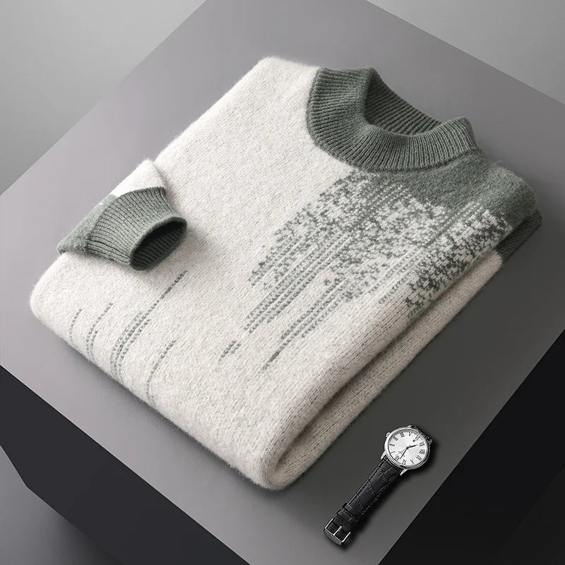 Gradient Jacquard Wool Half High Collar Sweater for Men | Winter Wear