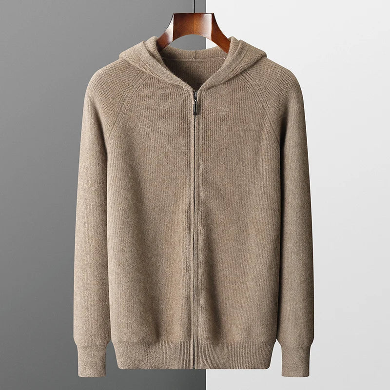 Merino Wool Hooded Knit Cardigan Jacket for Men | Cold Weather Layering