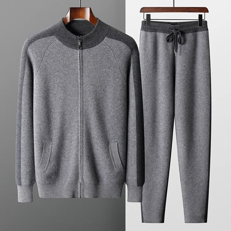 Cashmere Knit Zip Up Cardigan and Trouser Set for Men | Winter Wear