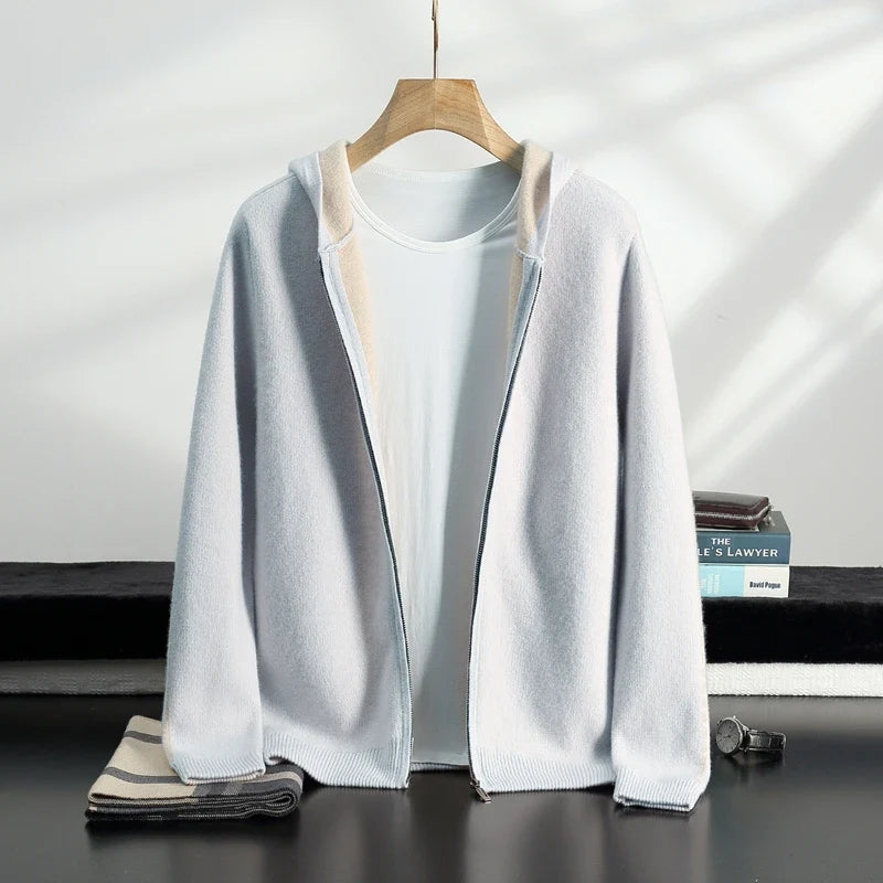Pure Cashmere Zip Up Hooded Cardigan for Men | Winter Layering