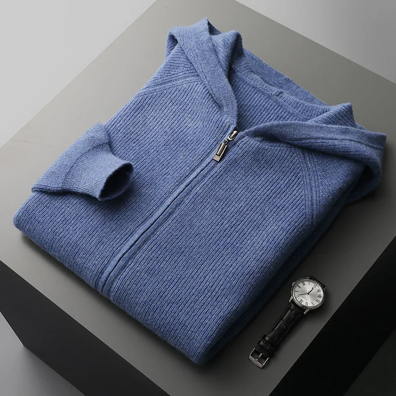 Merino Wool Hooded Knit Cardigan Jacket for Men | Cold Weather Layering