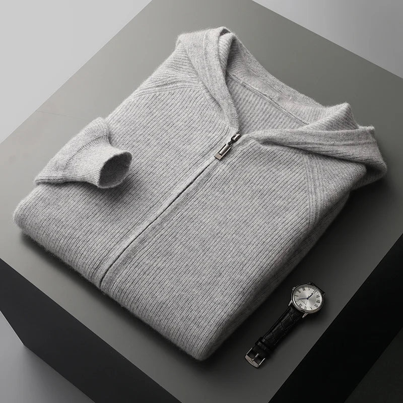 Merino Wool Hooded Knit Cardigan Jacket for Men | Cold Weather Layering