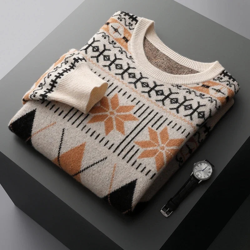 Wool Cashmere Blend Jacquard Crewneck Sweater for Men | Smart Casual Wear