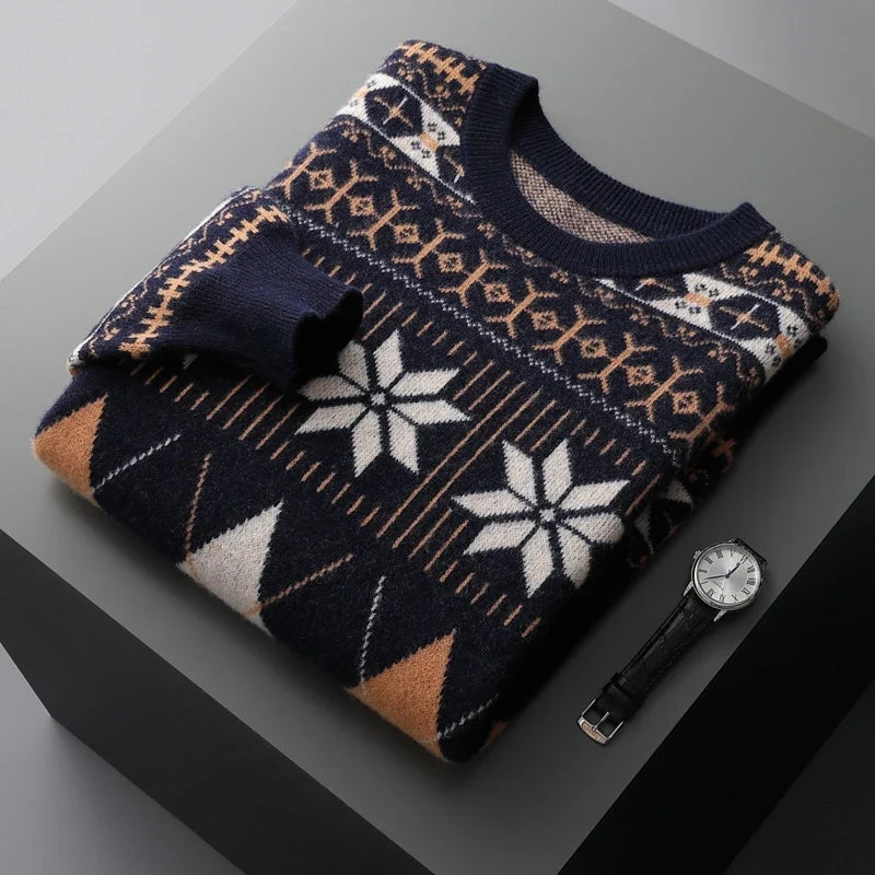Wool Cashmere Blend Jacquard Crewneck Sweater for Men | Smart Casual Wear
